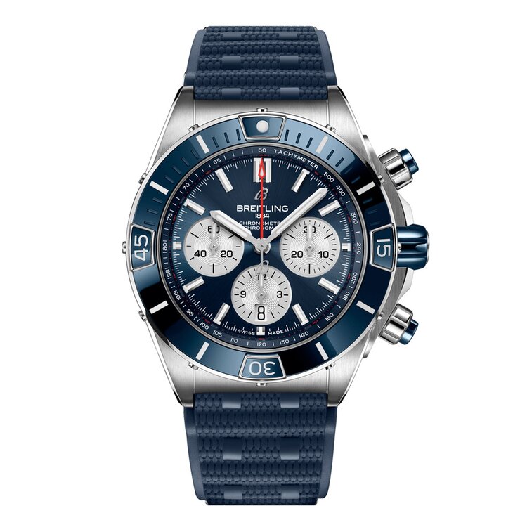 Breitling horloge met een kast in staal, met een wijzerplaat in het blauw en een diameter van 44 mm