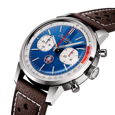 Breitling horloge met een kast in staal, met een wijzerplaat in het blauw en een diameter van 41 mm
