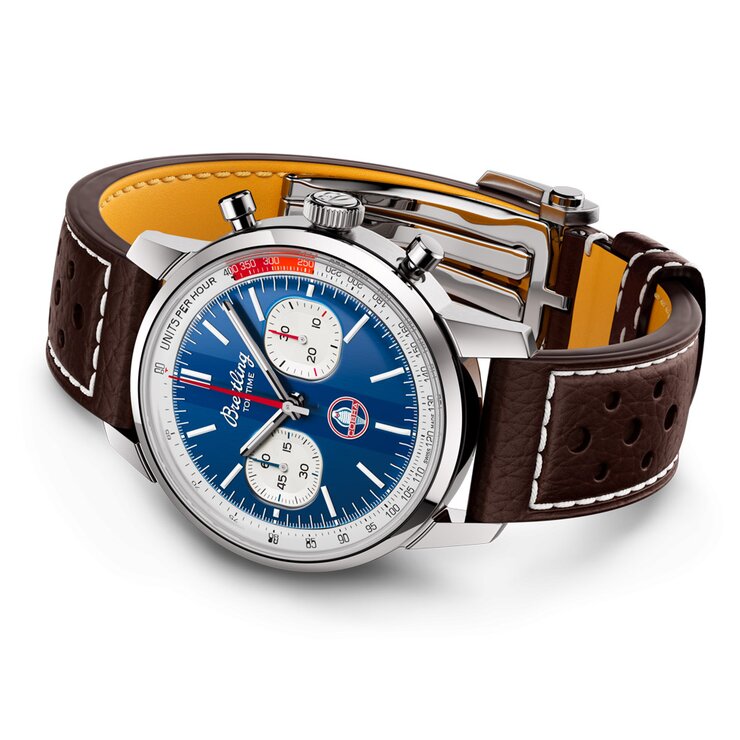 Breitling horloge met een kast in staal, met een wijzerplaat in het blauw en een diameter van 41