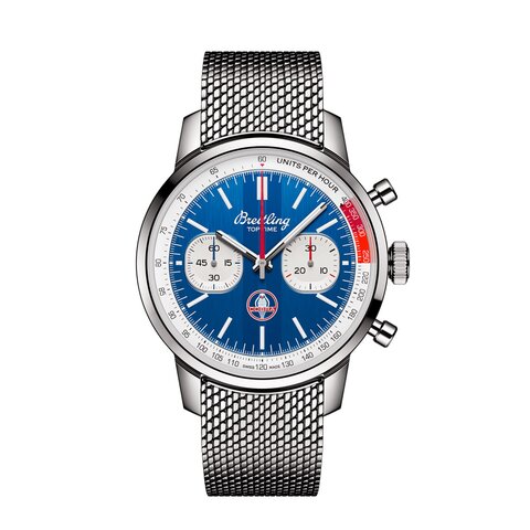 Breitling horloge met een kast in staal, met een wijzerplaat in het blauw en een diameter van 41 mm
