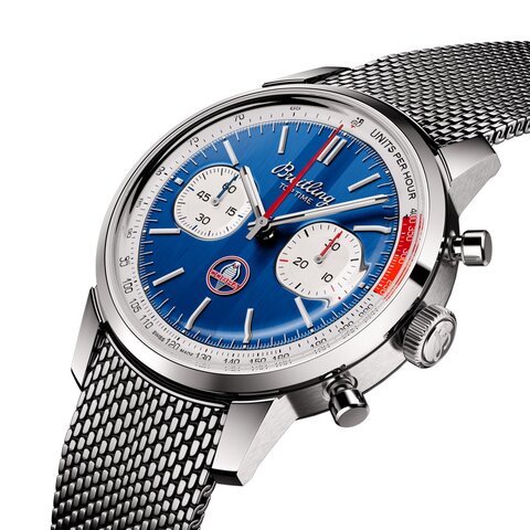 Breitling horloge met een kast in staal, met een wijzerplaat in het blauw en een diameter van 41 mm
