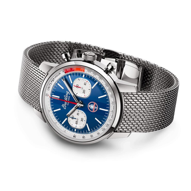 Breitling horloge met een kast in staal, met een wijzerplaat in het blauw en een diameter van 41