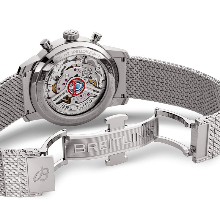 Breitling horloge met een kast in staal, met een wijzerplaat in het blauw en een diameter van 41