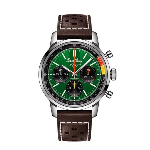 Breitling horloge met een kast in staal, met een wijzerplaat in het groen en een diameter van 41 mm