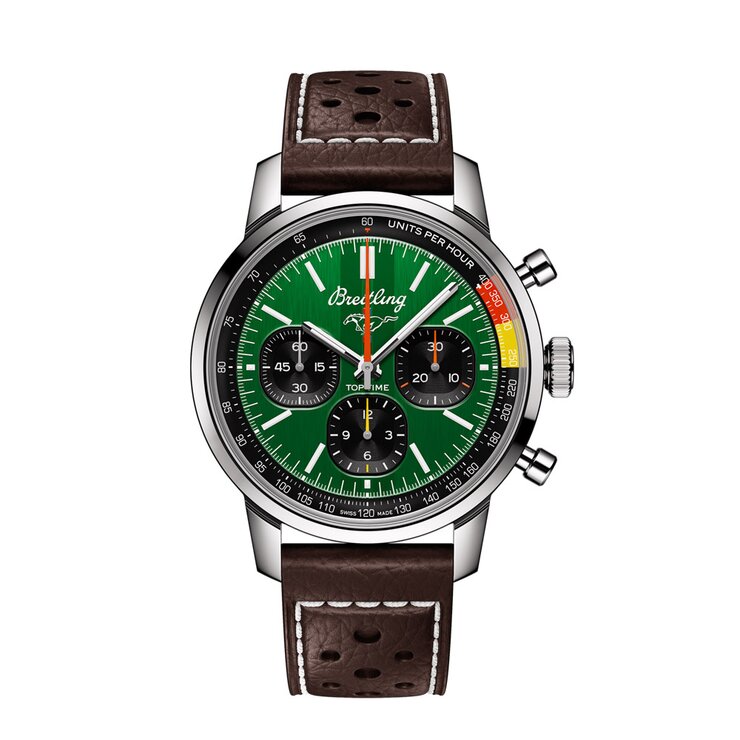 Breitling horloge met een kast in staal, met een wijzerplaat in het groen en een diameter van 41
