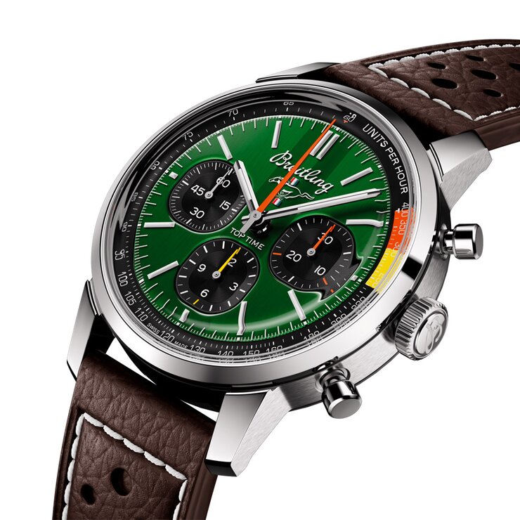 Breitling horloge met een kast in staal, met een wijzerplaat in het groen en een diameter van 41
