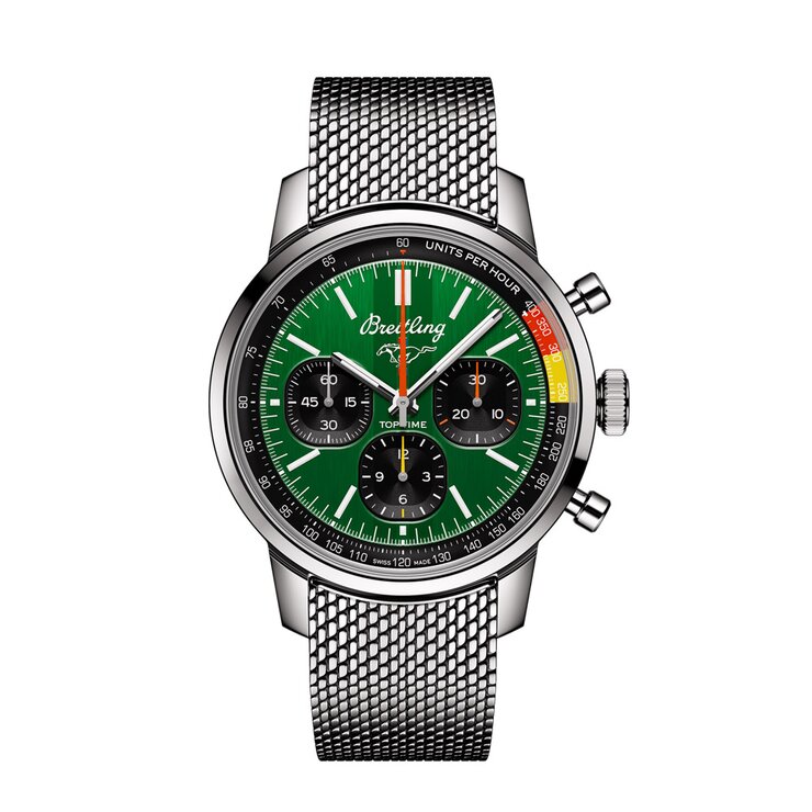 Breitling horloge met een kast in staal, met een wijzerplaat in het groen en een diameter van 41 mm