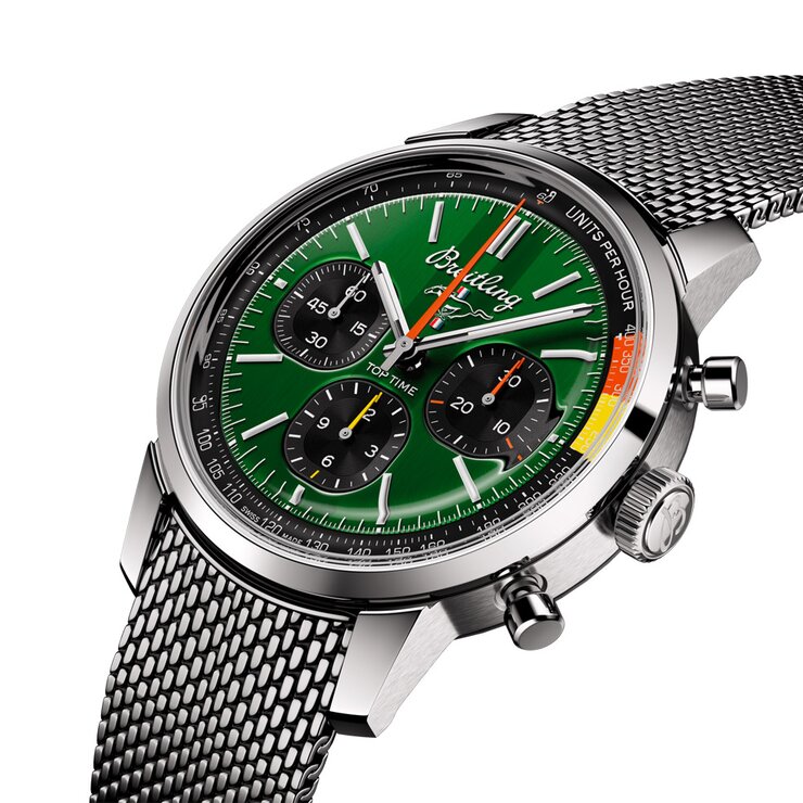 Breitling horloge met een kast in staal, met een wijzerplaat in het groen en een diameter van 41