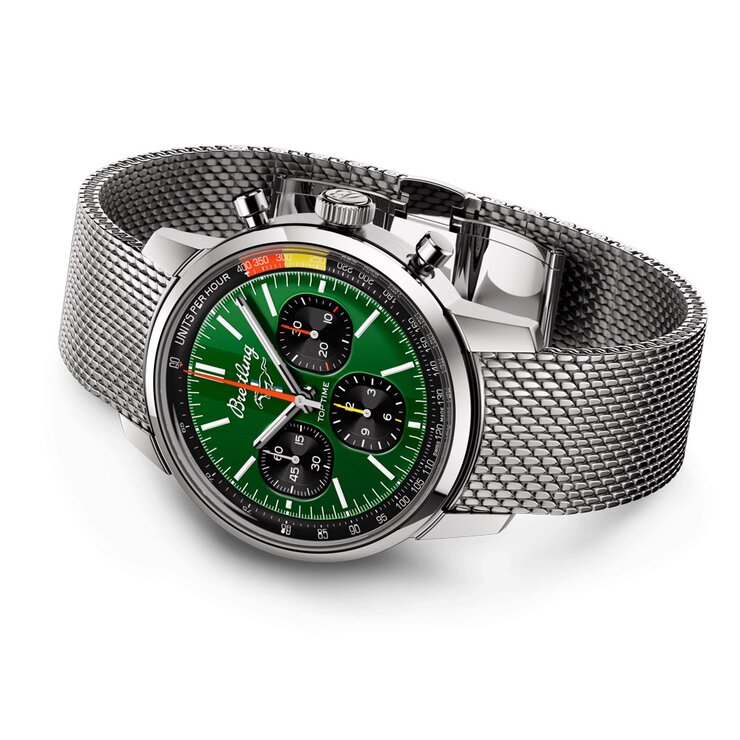 Breitling horloge met een kast in staal, met een wijzerplaat in het groen en een diameter van 41