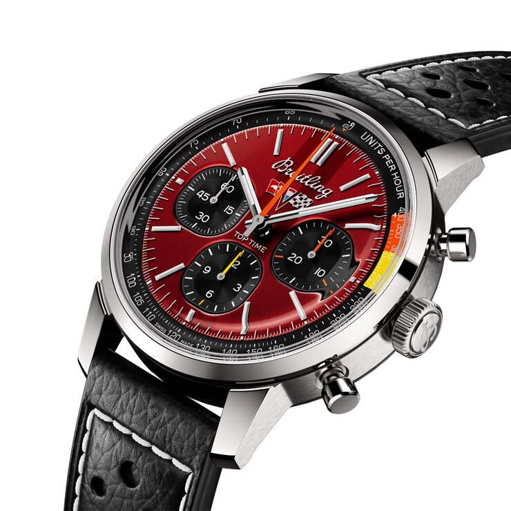 Breitling horloge met een kast in staal, met een wijzerplaat in het rood en een diameter van 41 mm