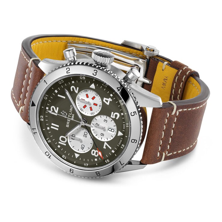 Breitling horloge met een kast in staal, met een wijzerplaat in het groen en een diameter van 46 mm