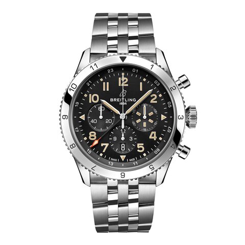 Breitling horloge met een kast in staal, met een wijzerplaat in het zwart en een diameter van 46 mm