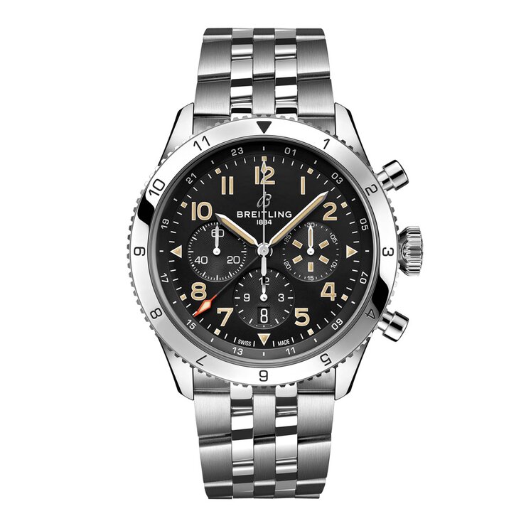 Breitling horloge met een kast in staal, met een wijzerplaat in het zwart en een diameter van 46