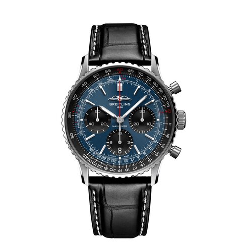 Breitling horloge met een kast in staal, met een wijzerplaat in het blauw en een diameter van 41 mm