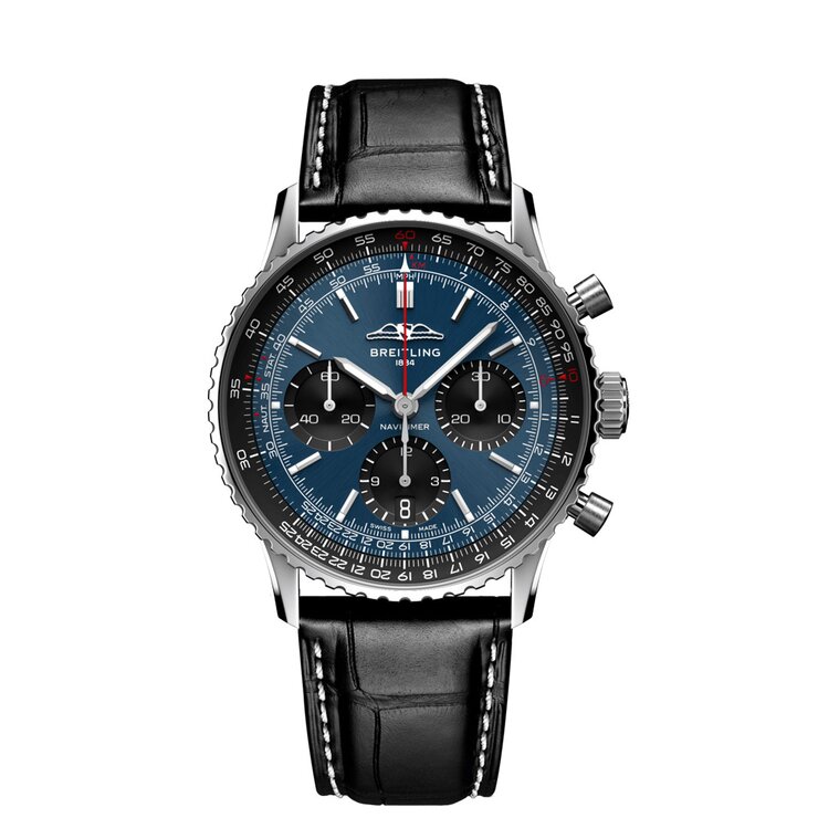 Breitling horloge met een kast in staal, met een wijzerplaat in het blauw en een diameter van 41