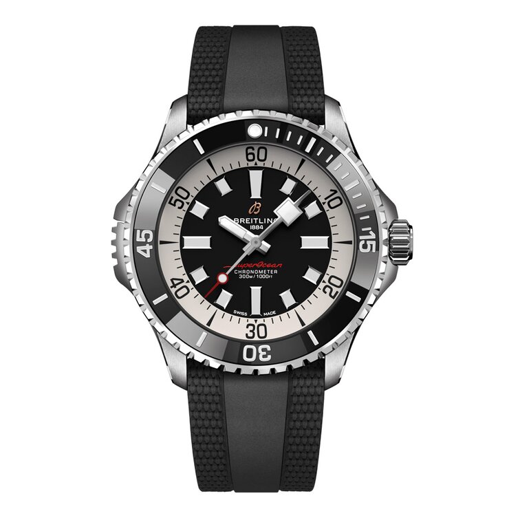 Breitling horloge met een kast in staal, met een wijzerplaat in het zwart en een diameter van 46