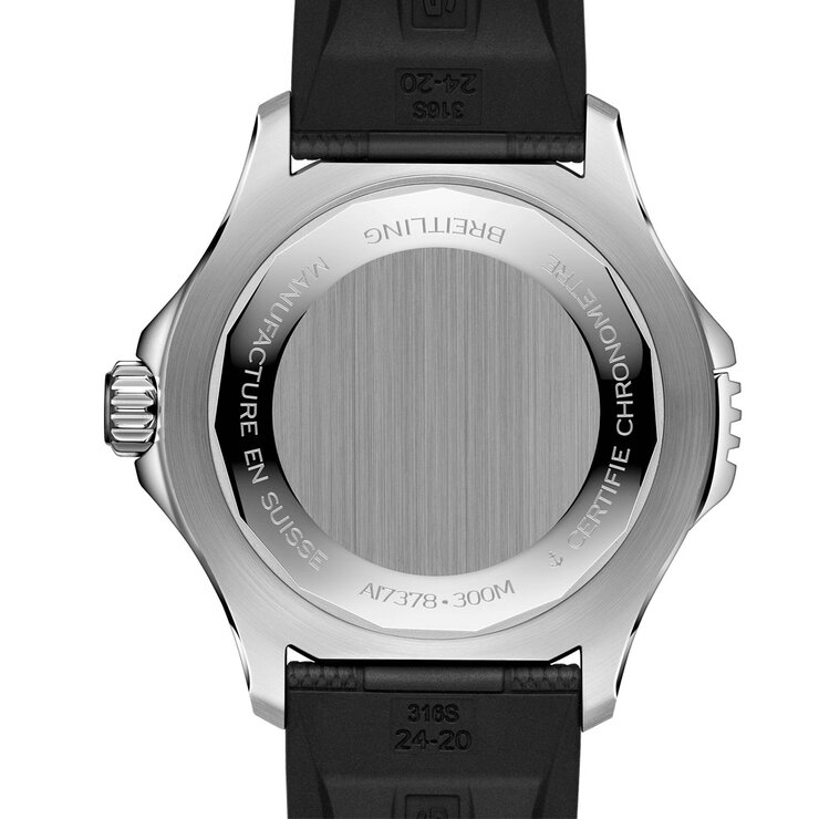 Breitling horloge met een kast in keramiek op staal, met een wijzerplaat in het zwart en een diameter van 46 mm