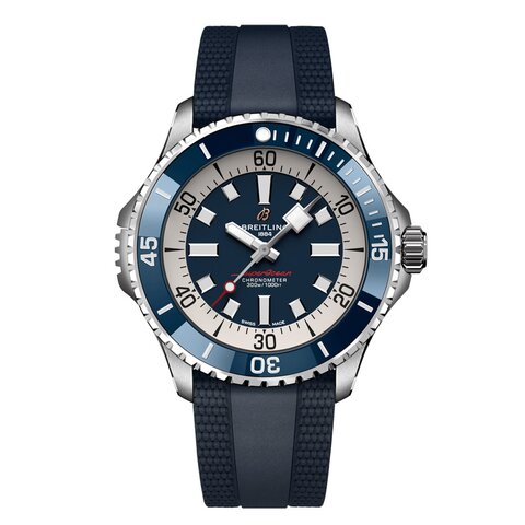 Breitling horloge met een kast in staal, met een wijzerplaat in het blauw en een diameter van 46 mm