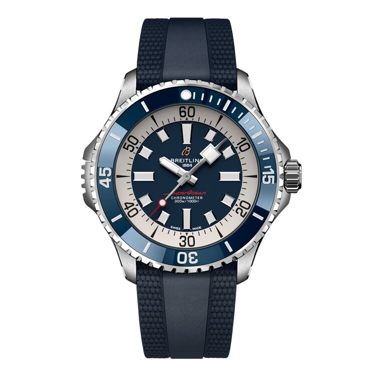 Breitling horloge met een kast in staal, met een wijzerplaat in het blauw en een diameter van 46 mm