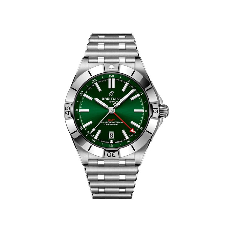 Breitling horloge met een kast in staal, met een wijzerplaat in het groen en een diameter van 40 mm