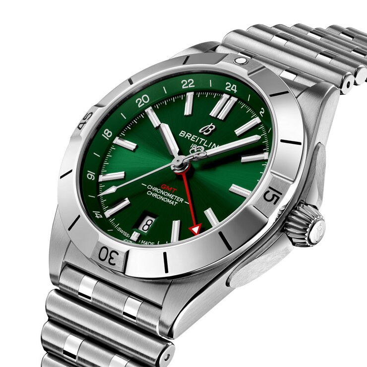 Breitling horloge met een kast in staal, met een wijzerplaat in het groen en een diameter van 40