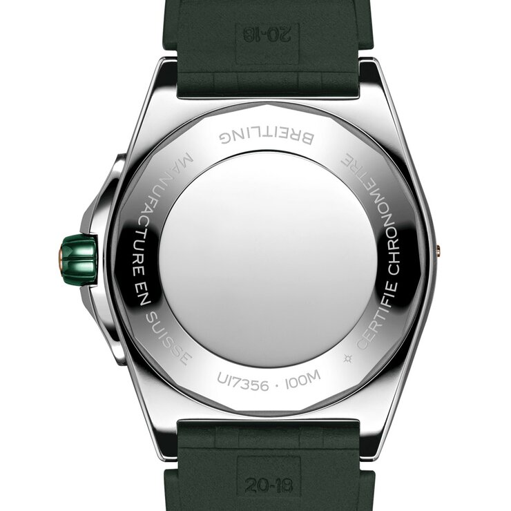 Breitling horloge met een kast in rosé goud op staal, met een wijzerplaat in het groen en een diameter van 38 mm