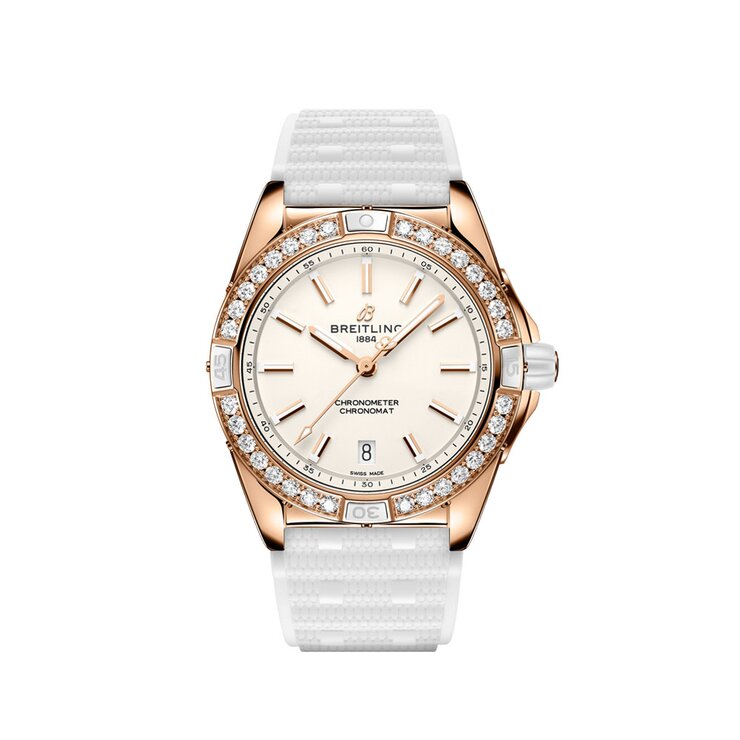 Breitling horloge met een kast in rosé goud, met een wijzerplaat in het wit en een diameter van 38