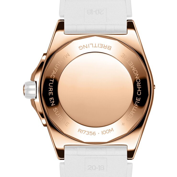 Breitling horloge met een kast in rosé goud, met een wijzerplaat in het wit en een diameter van 38