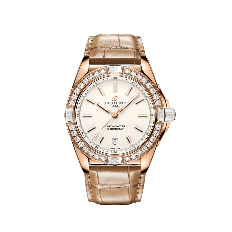 Breitling horloge met een kast in rosé goud, met een wijzerplaat in het wit en een diameter van 38 mm