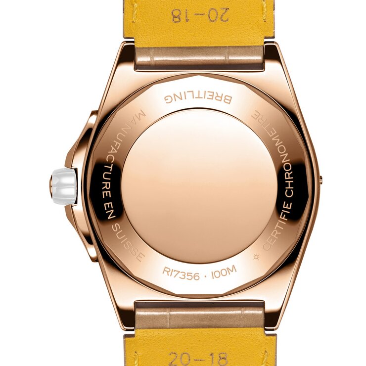 Breitling horloge met een kast in rosé goud, met een wijzerplaat in het wit en een diameter van 38