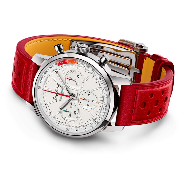 Breitling horloge met een kast in staal, met een wijzerplaat in het wit en een diameter van 41