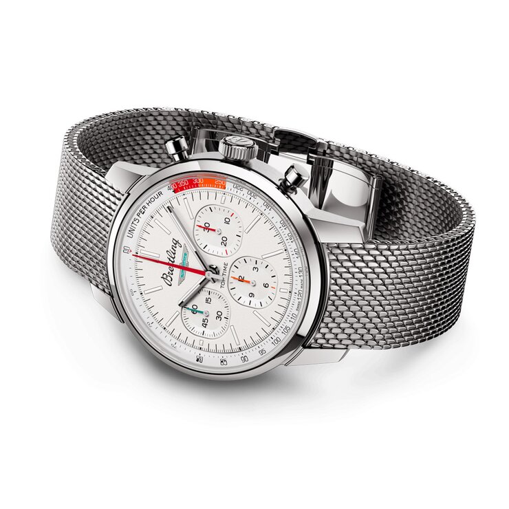 Breitling horloge met een kast in staal, met een wijzerplaat in het wit en een diameter van 41 mm