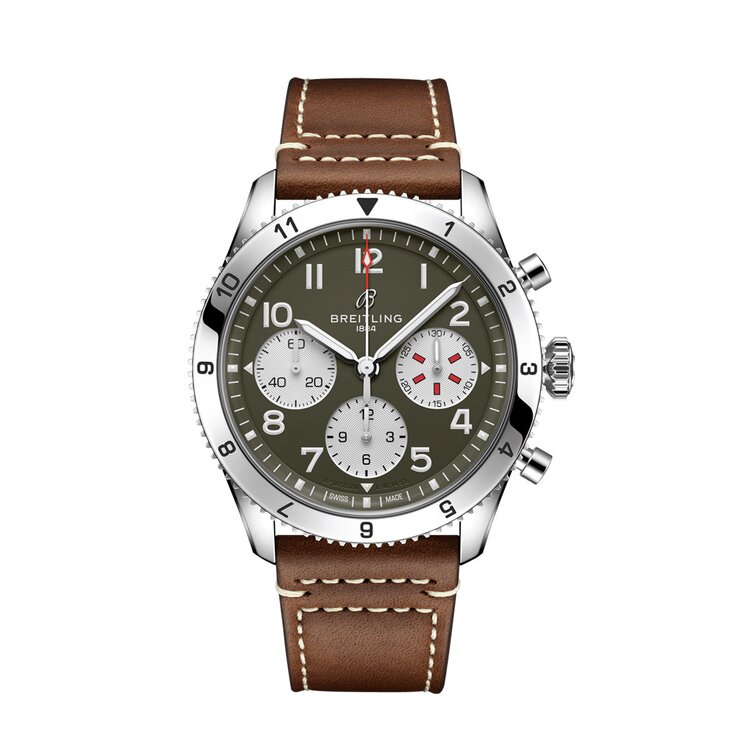 Breitling horloge met een kast in staal, met een wijzerplaat in het groen en een diameter van 42