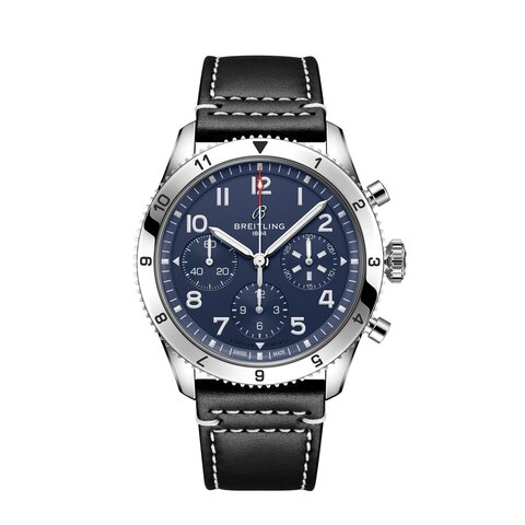 Breitling horloge met een kast in staal, met een wijzerplaat in het blauw en een diameter van 42 mm