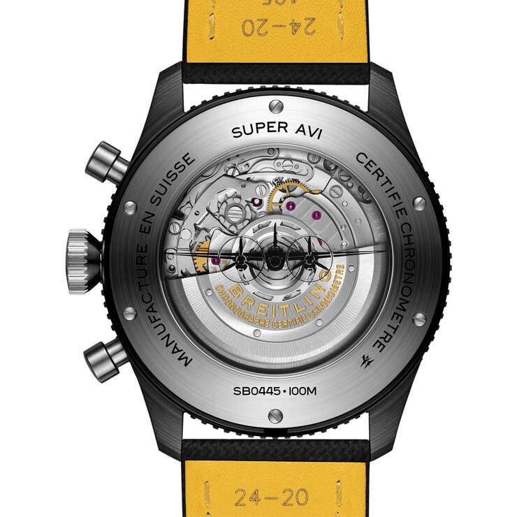 Breitling horloge met een kast in keramiek, met een wijzerplaat in het zwart en een diameter van 46