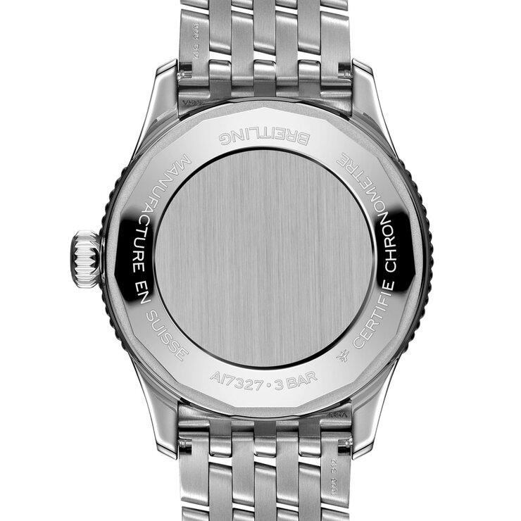 Breitling horloge met een kast in staal, met een wijzerplaat in het grijs en een diameter van 36