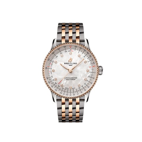 Breitling horloge met een kast in staal, met een wijzerplaat in het parelmoer met  briljant en een diameter van 36 mm