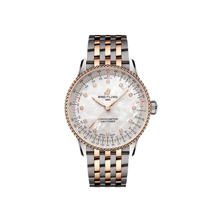 Breitling horloge met een kast in staal, met een wijzerplaat in het parelmoer met  briljant en een diameter van 36 mm