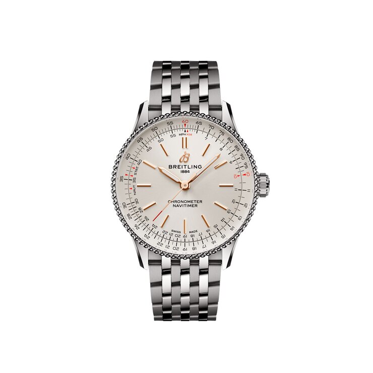 Breitling horloge met een kast in staal, met een wijzerplaat in het beige en een diameter van 36