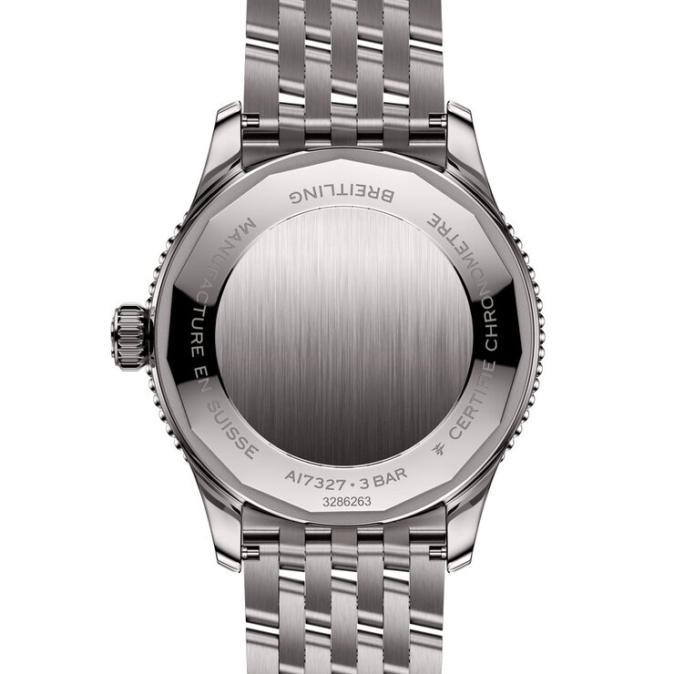 Breitling horloge met een kast in staal, met een wijzerplaat in het groen en een diameter van 36 mm