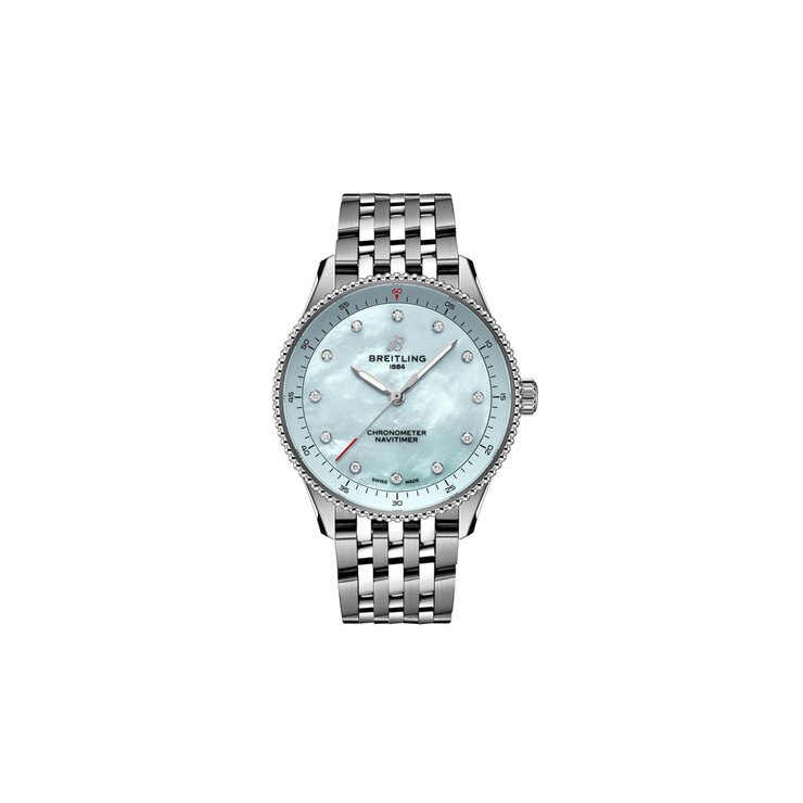 Breitling horloge met een kast in staal, met een wijzerplaat in het blauw met briljant en een diameter van 32