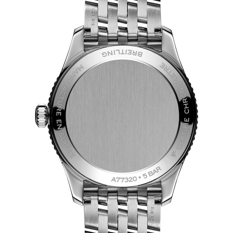 Breitling horloge met een kast in staal, met een wijzerplaat in het blauw met briljant en een diameter van 32