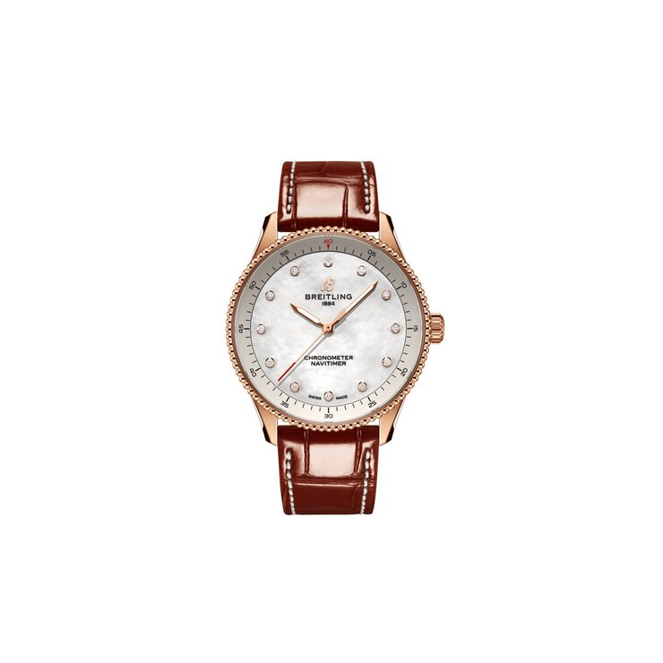 Breitling horloge met een kast in rosé goud, met een wijzerplaat in het parelmoer met  briljant en een diameter van 32