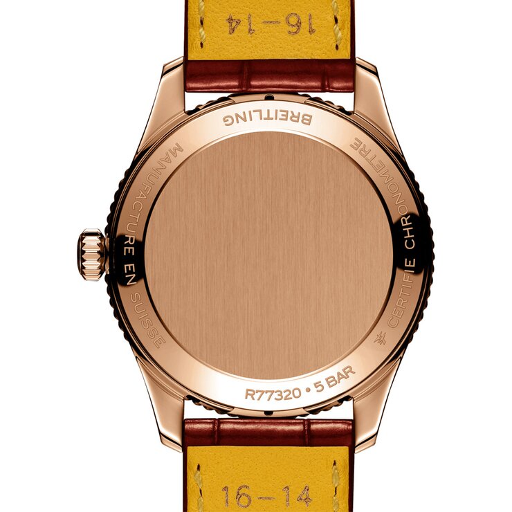 Breitling horloge met een kast in rosé goud, met een wijzerplaat in het parelmoer met  briljant en een diameter van 32