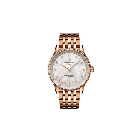Breitling horloge met een kast in rosé goud, met een wijzerplaat in het parelmoer met  briljant en een diameter van 32 mm