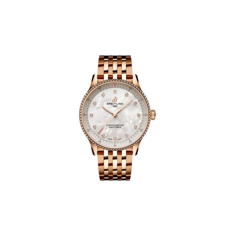 Breitling horloge met een kast in rosé goud, met een wijzerplaat in het parelmoer met  briljant en een diameter van 32