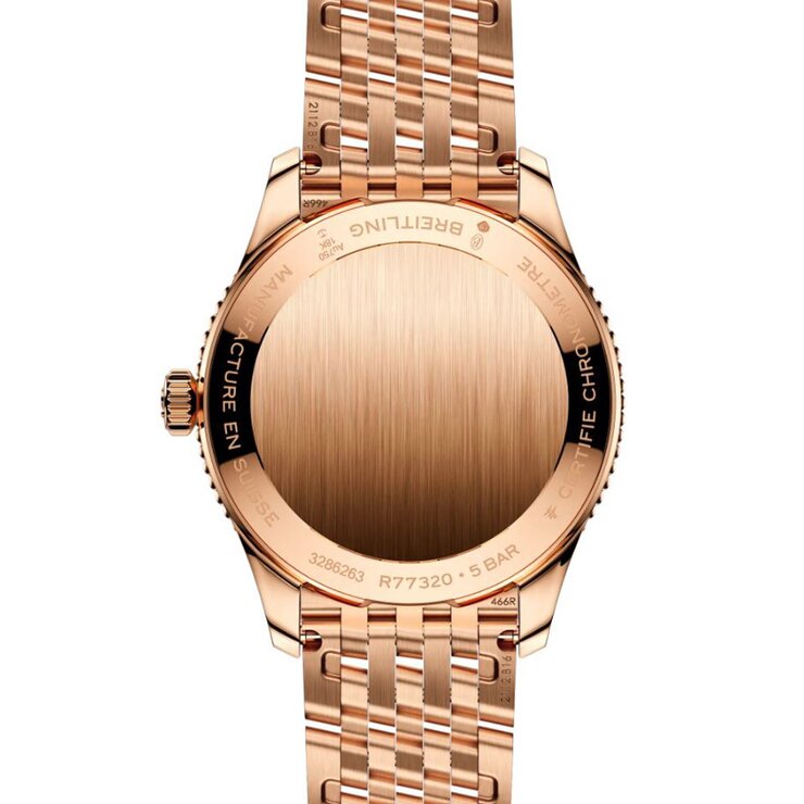 Breitling horloge met een kast in rosé goud, met een wijzerplaat in het parelmoer met  briljant en een diameter van 32