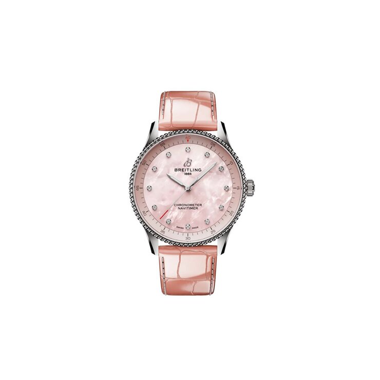 Breitling horloge met een kast in staal, met een wijzerplaat in het roze met briljant en een diameter van 32