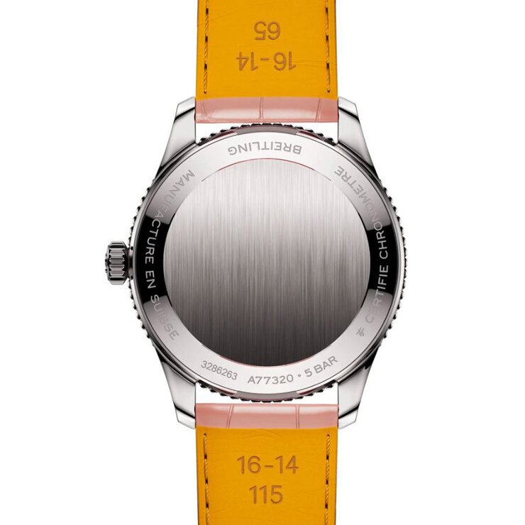 Breitling horloge met een kast in staal, met een wijzerplaat in het roze met briljant en een diameter van 32