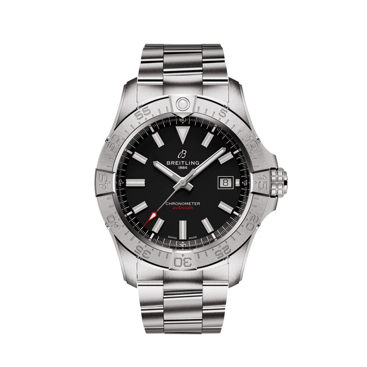 Breitling horloge met een kast in staal, met een wijzerplaat in het zwart en een diameter van 42